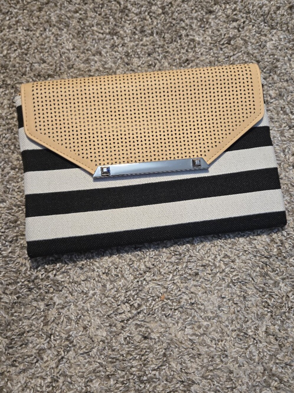 Black & Cream Striped Card Holder Clutch with Tan Perforated Flap